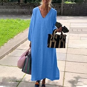 Women's Casual Dress Shift Dress Swing Dress Long Dress Maxi Dress Black Pink Orange Long Sleeve Pure Color Ruched Winter Fall Autumn V Neck Classic Winter Dress Fall Dress Loose Fit Linen S M L XL miniinthebox