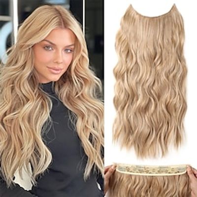 Hair Extensions 20 Inch Long Wavy Blonde Hair Extensions with Invisible Wire Adjustable Size 4 Secure Clips in Hair Extensions for Women miniinthebox