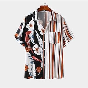 Men's Shirt 3D Print Floral Striped Turndown Street Casual Button-Down Print Short Sleeves Tops Designer Casual Fashion Breathable Orange / Summer miniinthebox