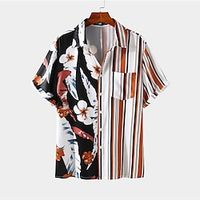 Men's Shirt 3D Print Floral Striped Turndown Street Casual Button-Down Print Short Sleeves Tops Designer Casual Fashion Breathable Orange / Summer miniinthebox - thumbnail