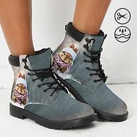 Women's Boots Print Shoes Combat Boots Animal Print Outdoor Daily Animal Patterned 3D Pets Booties Ankle Boots Winter Flat Heel Round Toe Closed Toe Fashion Casual Faux Leather Lace-up Blue miniinthebox - thumbnail