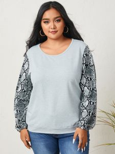 Plus Size Crew Neck Patchwork Snakeskin Long Sleeves Tee