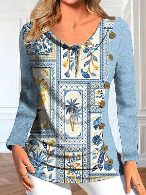 Women's Retro Ethnic Color Block Print Long Sleeve T-Shirt