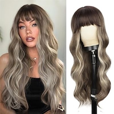 Long Brown Blonde Wavy Wigs with Bangs Ash Brown Wig for Women Highlights Brown Mixed Blonde Synthetic Hair Wig for Daily Party Cosplay Use 26In Lightinthebox