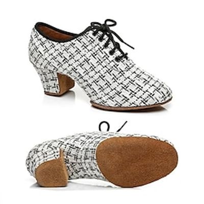 Women's Latin Shoes Practice Trainning Dance Shoes Performance Training Heel Flower Cuban Heel Round Toe Lace-up Adults' Black White Lightinthebox
