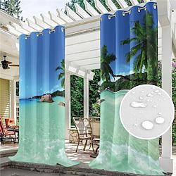 Waterproof Outdoor Patio Curtains Grommet Top, Extra Long, Light Blocking, Thermal Insulated, Ocean Beach Design - Privacy Protection Blackout Drapes for Front Porch, Sliding Door, Gazebos (2 Panels) Lightinthebox