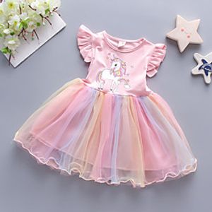 Toddler Little Girls' Dress Horse Rainbow Cartoon Tulle Dress Print Blue Red Blushing Pink Knee-length Sleeveless Regular Cute Dresses Summer Loose 2-4 Years miniinthebox