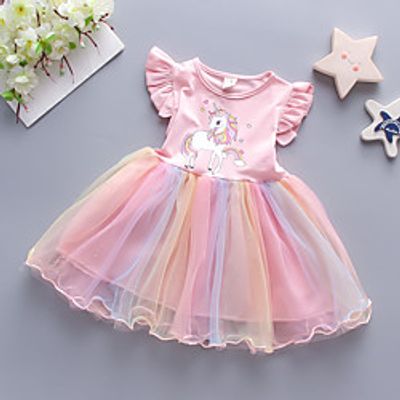 Toddler Little Girls' Dress Horse Rainbow Cartoon Tulle Dress Print Blue Red Blushing Pink Knee-length Sleeveless Regular Cute Dresses Summer Loose 2-4 Years miniinthebox