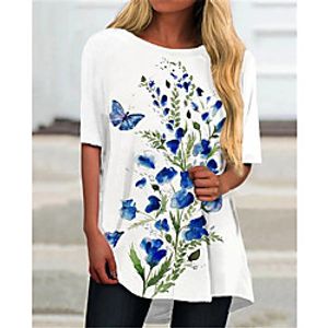Women's 3D Printed T shirt Butterfly Flower Round Neck Basic Tops White miniinthebox