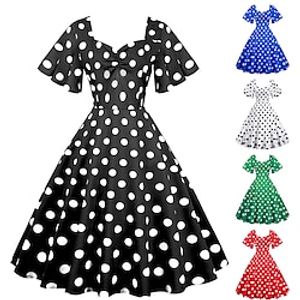 Women's Retro 1950s Vintage Dress Midi Dress Daily Holiday Ruched Print Polka Dot V Neck Short Sleeve Regular Fit Spring Fall 2023 Black White S M L XL Lightinthebox
