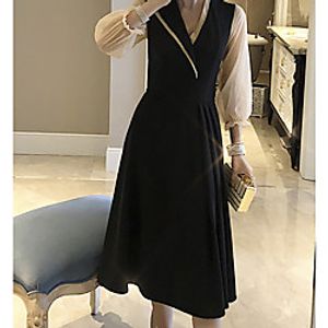 A-Line Empire Elegant Wedding Guest Cocktail Party Dress V Neck 34 Length Sleeve Tea Length Satin with Pleats 2021 Lightinthebox