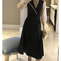 A-Line Empire Elegant Wedding Guest Cocktail Party Dress V Neck 34 Length Sleeve Tea Length Satin with Pleats 2021 Lightinthebox - thumbnail