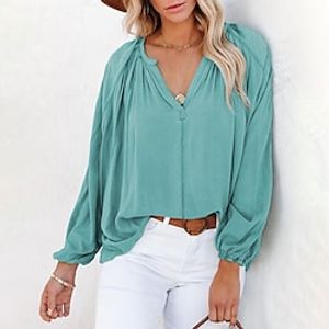 Solid color long-sleeved top women's spring and autumn amazon's new v-neck solid color loose pullover shirt women Lightinthebox