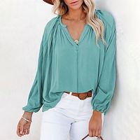 Solid color long-sleeved top women's spring and autumn amazon's new v-neck solid color loose pullover shirt women Lightinthebox - thumbnail