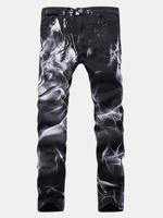 Motorcycle Vintange Wolf Printing Folds High Elastic Slim Ripped Jeans for Men