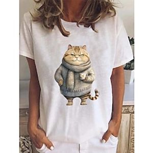 Women's T shirt Tee Cat Black White Yellow Print Short Sleeve Daily Weekend Fashion Funny Round Neck Regular Fit Summer Lightinthebox