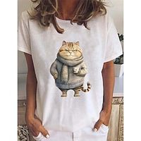 Women's T shirt Tee Cat Black White Yellow Print Short Sleeve Daily Weekend Fashion Funny Round Neck Regular Fit Summer Lightinthebox - thumbnail