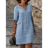 Women's Casual Dress Cotton Linen Dress Shift Dress Midi Dress Basic Basic Daily V Neck Half Sleeve Summer Spring Blue Plain Lightinthebox