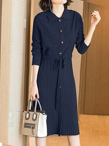 Lace-Up Waist Solid Color Knitted Dress