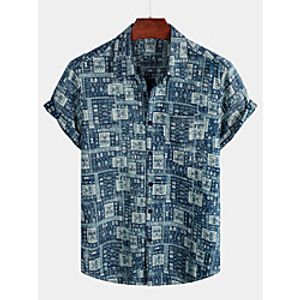 Men's Shirt Tribal Short Sleeve Daily Tops Cotton Basic Boho Navy Blue Lightinthebox