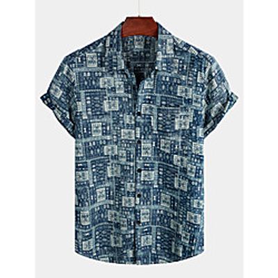 Men's Shirt Tribal Short Sleeve Daily Tops Cotton Basic Boho Navy Blue Lightinthebox