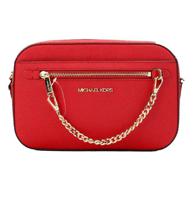 Michael Kors Jet Set Large East West Bright Red Leather Zip Chain Crossbody Bag - 88745