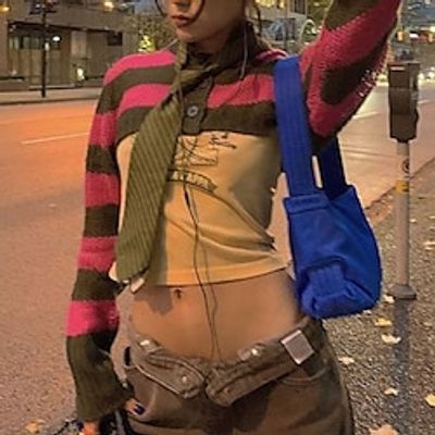 Women's Shrug Jumper Ribbed Knit Knitted Button Striped Crew Neck Shrugs Stylish Daily Holiday Fall Winter Fuchsia S M L / Long Sleeve miniinthebox