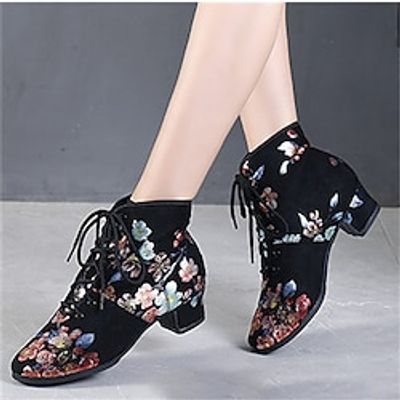 Women's Latin Shoes Modern Shoes Dance Boots Performance Wedding Party Evening Velvet Floral Bootie Fashion Party  Evening Stylish Pattern  Print Thick Heel Round Toe Lace-up Adults' Black Lightinthebox