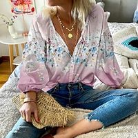 Women's Shirt Blouse Pink Purple Green Floral Button Print Long Sleeve Casual Holiday Fashion Standing Collar Regular Fit Floral Spring   Fall Lightinthebox - thumbnail