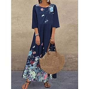 Women's Long Dress Maxi Dress Casual Dress T Shirt Dress Tee Dress Print Dress Floral Casual Vacation Going out Weekend Print 34 Length Sleeve Crew Neck Dress Loose Fit Black Wine Dark Blue Fall Lightinthebox