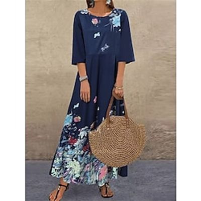 Women's Long Dress Maxi Dress Casual Dress T Shirt Dress Tee Dress Print Dress Floral Casual Vacation Going out Weekend Print 34 Length Sleeve Crew Neck Dress Loose Fit Black Wine Dark Blue Fall Lightinthebox