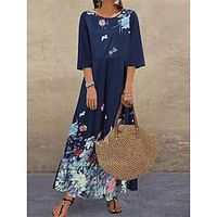 Women's Long Dress Maxi Dress Casual Dress T Shirt Dress Tee Dress Print Dress Floral Casual Vacation Going out Weekend Print 34 Length Sleeve Crew Neck Dress Loose Fit Black Wine Dark Blue Fall Lightinthebox - thumbnail