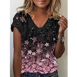 Women's T shirt Tee Yellow Pink Blue Floral Print Short Sleeve Holiday Weekend Basic V Neck Regular Floral Painting S Lightinthebox