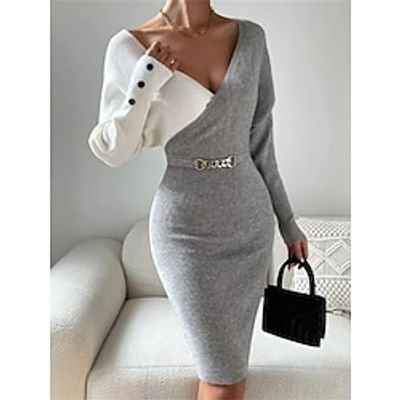 Women's Sweater Dress Jumper Dress Winter Dress Midi Dress Knitwear Fashion Casual Geometric Color Block Outdoor Daily Vacation Going out V Neck Long Sleeve Button Belted 2023 Regular Fit Black Lightinthebox