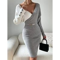 Women's Sweater Dress Jumper Dress Winter Dress Midi Dress Knitwear Fashion Casual Geometric Color Block Outdoor Daily Vacation Going out V Neck Long Sleeve Button Belted 2023 Regular Fit Black Lightinthebox - thumbnail