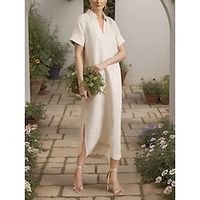 100% Linen Women's Casual Dress Summer Dress Plain Dress Long Dress Maxi Dress Split Street Streetwear Basic Split Neck Short Sleeve Loose Fit Beige Color S M L XL XXL Size Lightinthebox - thumbnail