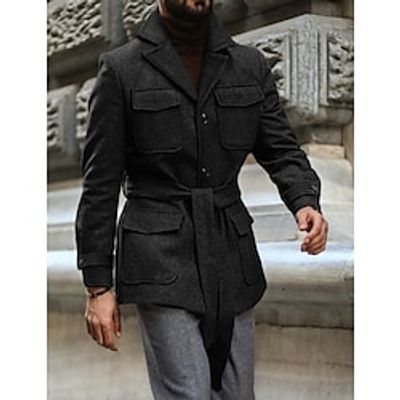 Men's Winter Coat Peacoat Trench Coat Outdoor Daily Wear Fall  Winter Polyester Thermal Warm Windproof Outerwear Clothing Apparel Fashion Streetwear Plain Pocket Lapel Single Breasted One-button Lightinthebox