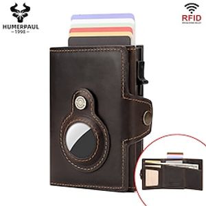 AirTag Anti Loss Head Layer Cowhide RFID Anti Magnetic Automatic Card Output Metal Card Box Real Pickup Bag miniinthebox
