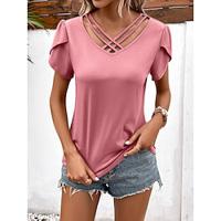 Women's Tunic Plain Daily Vacation Lace Pink Short Sleeve Fashion V Neck Summer Lightinthebox