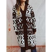 Women's Sweater Coat Cardigan Chunky Crochet Knit Long Button Geometric Sweater Stylish Vintage Style Home Work Spring Fall Black Brown S M L Lightinthebox - thumbnail