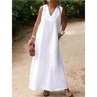 Women's White Dress Casual Dress Cotton Linen Dress Maxi long Dress Linen Cotton Blend Basic Modern Daily Weekend V Neck Pocket Sleeveless Summer Spring Regular Fit White Plain S M L XL 2XL Lightinthebox