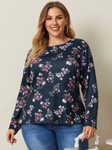 Plus Size Crew Neck Floral Print Long Sleeves Tee