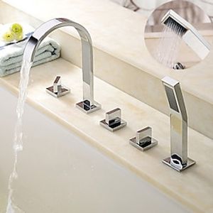 Bathtub Faucet Deck Mounted, Bathroom Faucet Bath Roman Tub Filler Mixer Tap Brass with Handheld, 5 Hole 3 Handle Sprayer with Cold Hot Water Hose miniinthebox