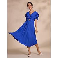 Women's Chiffon Dress Royal Blue Short Sleeve Solid Color Ruffle Belted Summer Spring Fall V Neck Elegant Party/Wedding Guest S M Ldress to impress 2024