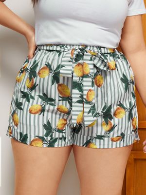 Plus Size Belt Design Striped Shorts Plus Size Belt Design Striped Shorts