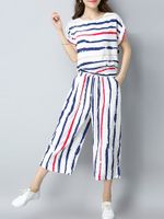 Stripes Casual Short Sleeve Blouse Two Pieces