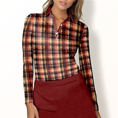 Women's Polo Shirt Golf Shirt Button Up Polo Breathable Quick Dry Moisture Wicking Long Sleeve Golf Apparel Golf Clothes Regular Fit Plaid Spring Autumn Tennis Golf Pickleball Lightinthebox