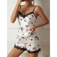 Women's Pajamas Sets Floral Fashion Comfort Home Daily Bed Polyester Breathable Straps Sleeveless Strap Top Shorts Button Pocket Summer Spring White Lightinthebox