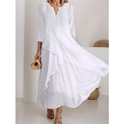 Women's Casual Dress Cotton Linen Dress Swing Dress Maxi long Dress Linen Cotton Blend Basic Casual Daily Date Weekend Crew Neck Button Layered 34 Length Sleeve Summer Spring 2023 Loose Fit White Lightinthebox