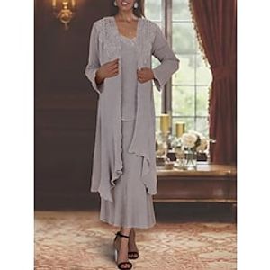 Two Piece A-Line Mother of the Bride Dress Formal Wedding Guest Elegant Casual V Neck Ankle Length Lace Linen  Cotton Blend Sleeveless Jacket Dresses with Appliques 2023 Lightinthebox